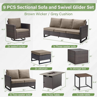 Belord Outdoor Sectional Sofa with 41" Propane Fire Pit Table - 9 Piece Patio Conversation Set with Storage Box and Swivel Rocker Chairs All-Weather PE Wicker Furniture Set Brown