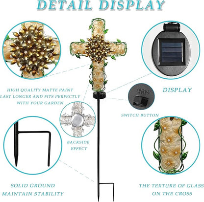 38inch Cross Garden Solar Lights Outdoor Decorative - Solar Metal&Glass Cross Apricot Hydrangea Flower Stake Lights- Waterproof 20 White LED for Remembrance Gifts & Sympathy Gifts