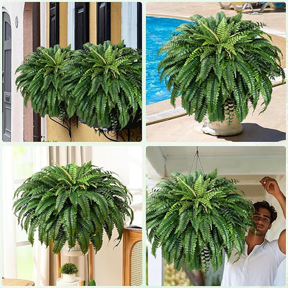 MARTINE MALL 2Pcs 48'' Fake Ferns Look Real Artificial Ferns for Outdoors, 88 Branches Large Faux Boston Fern for Outdoor Planter Realistic UV Resistant Hanging Artificial Fake Plants for Porch Patio