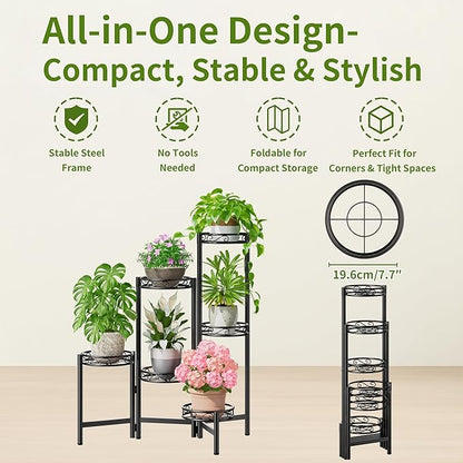 Plant Stand Indoor Outdoor, 6 Tier Metal Flower Shelf for Multiple Plants Corner Tall Floding Flower Holders for Patio Garden Living Room Balcony Bedroom - BlackCircle
