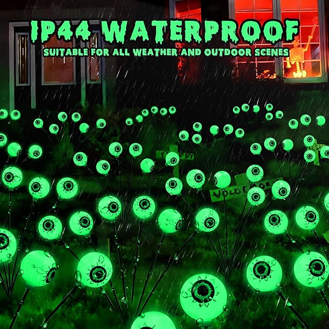 BrizLabs 8 Pack 48 LED Halloween Solar Lights, 2 Modes Outdoor Halloween Eyeball Pathway Lights, Solar Spooky Light Waterproof, Green Swaying Firefly Lighting for Path Yard Garden Lawn