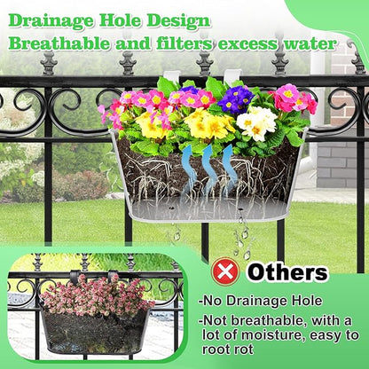 MADHOLLY Railing Planter with Drainage Holes - Sturdy Bucket Pots for Railing Fence, Countryside Style Metal Flower Pots for Herbs Balcony Garden Yard Decor, 2Pcs, White