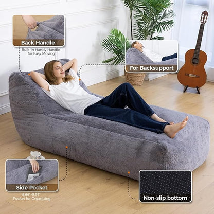 Giant Bean Bag Lounger Chair for Adults with Soft & Cozy Plush Fabric,Memory Foam Filled Beanbag Chair for Family Living Room,Bedroom and Game Room (Grey)