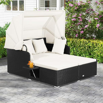 ORALNER Outdoor Daybed, 2-Person Wicker Patio Sofa with Retractable Canopy, Cushions & Pillows, 2 Side Trays, PE Rattan Double Sunbed Lounger for Deck Poolside Backyard Garden Balcony (Off-White)