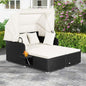 ORALNER Outdoor Daybed, 2-Person Wicker Patio Sofa with Retractable Canopy, Cushions & Pillows, 2 Side Trays, PE Rattan Double Sunbed Lounger for Deck Poolside Backyard Garden Balcony (Off-White)