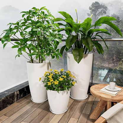 QCQHDU 24,21,11 inch Large Planters with Drainage Hole & Saucer, Set of 3 Plant Pots Tall Planter for Indoor & Outdoor Plants Home Modern Decor