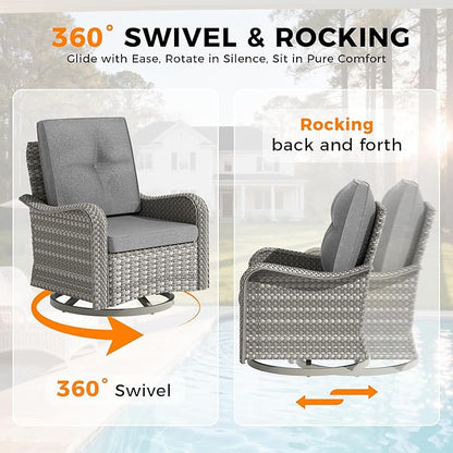 8-Seat Modern Patio Furniture Set with Swivel Rocking Chairs, Thick 4″ Cushions, Dual-Strand Wicker Rattan, Rust-Resistant Steel Frame – Outdoor Conversation & Modular Sectional,Gray