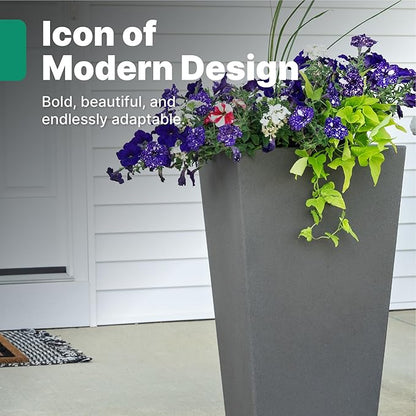 Step2 Tremont Tall Square Tapered Planter, 28", Indoor/Outdoor Plants, Efficient Drainage, Durable Resin, Dark Cedar