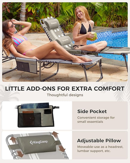 KingCamp Tanning Chair with Face Hole, Lounge Chairs Outdoor Folding Comfy Adjustable 5-Position Lay Flat Foldable Chaise Chaser Lounger for Outside Beach Patio Sun Bathing Pool, Grey/White