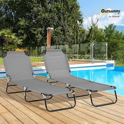 Outsunny 2 Piece Folding Chaise Lounge Pool Chairs, Outdoor Sun Tanning Chairs with 5-Level Reclining Back, Steel Frame for Beach, Yard, Patio, Dark Gray