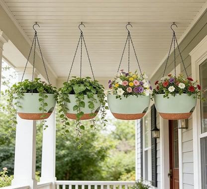 Set of 2-8 Inch Self Watering Hanging Planters for Indoor Outdoor，Hanging Plant Pots with Drainage & Removable Tray, Hanging Pots Holder for Ivy, Pothos, Ferns, Balcony & Patio, Green Brown