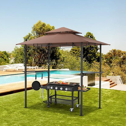 AECOJOY 8' x 5' Outdoor Grill Gazebo Canopy, BBQ Canopy for Outdoor Grill, 2- Tier BBQ Grill Gazebo Shelter for Patio, Backyard and More (Brown)
