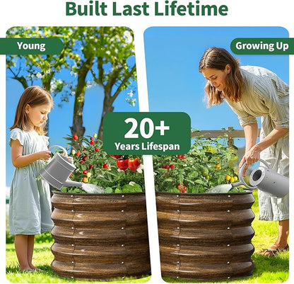 Kesfitt Round Metal Raised Garden Bed, 2x2x1.5 FT, 18-Inch Deep Galvanized Steel Garden Bed with Open Bottom for Outdoor Vegetables & Herbs, Walnut Finish, 2 Pack
