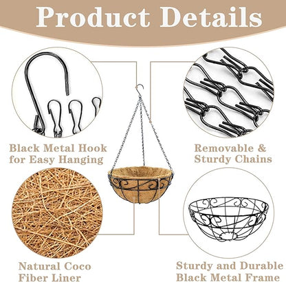 Outdoor Metal Hanging Planters Basket (2pack, 12 inch) Hanging Baskets for Plants Chain Round Wire Plant Holder with Coco Fiber Liners for Garden, Patio, Deck, Porch(Flower Border)