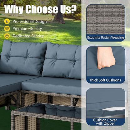 Vongrasig 3 Pieces Patio Furniture Sets, All-Weather Wicker Outdoor Sofa Couch Sectional Set, Small Conversation Set for Patio, Garden w/Cushion, Glass Table, (Blue)