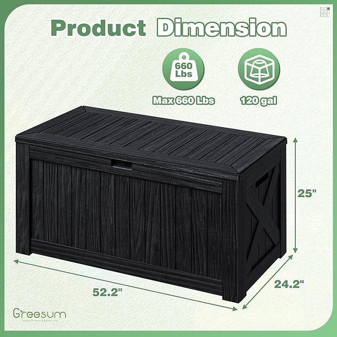 Deck Box, 120 Gallon Resin Outdoor Storage Container with Lid in Black