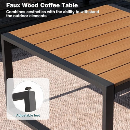 Metal Patio Furniture Set, 6 Pieces Outdoor Sectional Sofa Set with Side Table, L Shape Patio Conversation Set with Faux-Wood Tabletop, Outdoor Couch for Balcony, Porch, Backyard,Beige