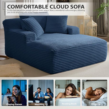 50 Inches Chaise Lounge Indoor, Oversized Chaise Lounge Chair with 3 Throw Pillows and Armrests, Corduroy Upholstered Plush Sofa Bed Lazy Chair Bed Sleeper Chair for Living Room Apartment (Blue)