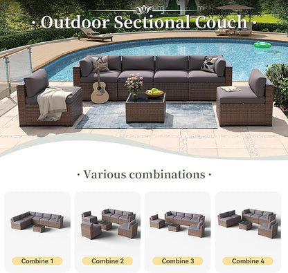 Aoxun 7 Piece Patio Furniture Set Wicker Rattan Patio Conversation Set Outdoor Sectional Sofa Set with Coffee Table and Thickened Cushions, Grey(Waterproof Cover Included)