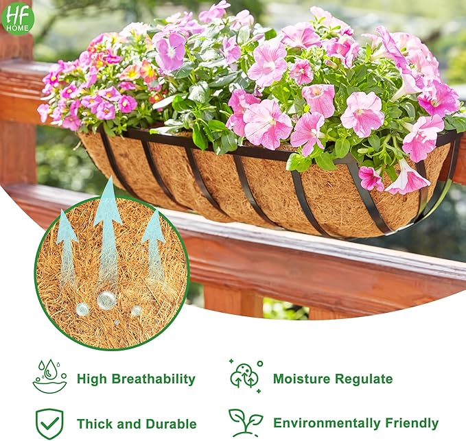 HFHOME 4 Pcs 24" Window Box Deck Railing Planter with Horse Trough Coco Liners, Black Metal Hanging Flower Planters Baskets for Indoor, Outdoor, Balcony, Porch, Fence, Patio, and Lawn