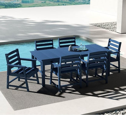 7-Piece Navy Blue Outdoor Dining Set for 6, 75.2'' HDPE Table with Umbrella Hole & Chairs, Weather-Resistant Patio Furniture for Garden, Lawn, or Poolside