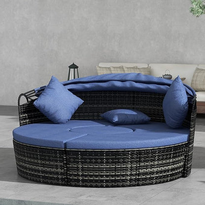 Outsunny 4-Piece Round Convertible Daybed with Cushions, Outdoor PE Rattan Patio Wicker Sofa Set, Sunbed with Adjustable Sun Canopy, Sectional Sofa, 2 Chairs, Table, 3 Pillows, Dark Blue