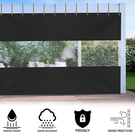 Outdoor Vinyl Curtain, 8' x 12' Clear Panel Patio Screen, Waterproof, Black