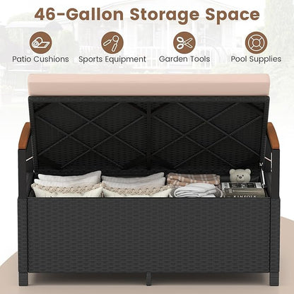 Outdoor Storage Bench in Black Rattan with 46-Gallon Storage