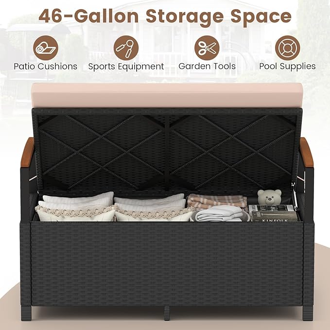 Outdoor Storage Bench 46 Gallon Black Beige PE Rattan Loveseat