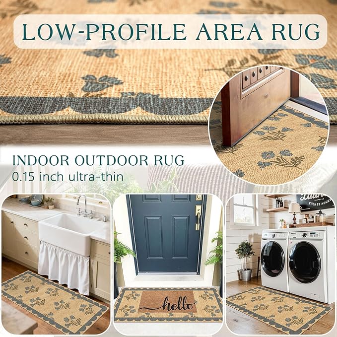Outdoor Rug Door Mat – Blue Floral Entryway Rug, 2 x 4 ft 3 in