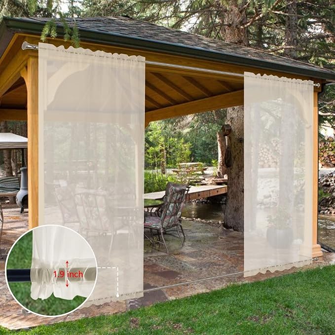 SpaceDresser Waterproof Outdoor Sheer Curtains for Patio - 4 Panels Rod Pocket Indoor Voile Sheer Curtain for Living Room,52W x 96L inch, Ivory