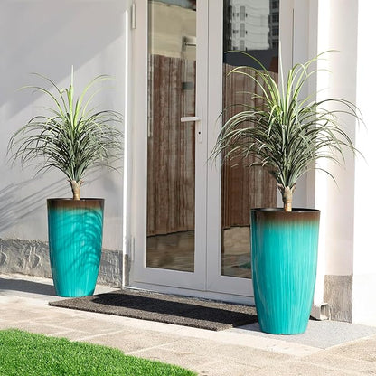 Glitzhome 23.5" H Tall Outdoor Planter, Set of 2 Large Tall Planters with Gradient Turquoise Faux Ceramic Finish, Large Flower Pots for Porch Garden Patio Indoor All Season Decor,with Drainage Holes
