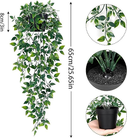 Waipfaru 2Pcs Fake Hanging Plants with Pot Deep Green Eucalyptus Leaves UV Resistant Fake Vines Ivy Artificial Plants Outdoor Faux Plants Indoor Bedroom Living Room Boho Wall Porch Shelf Decor