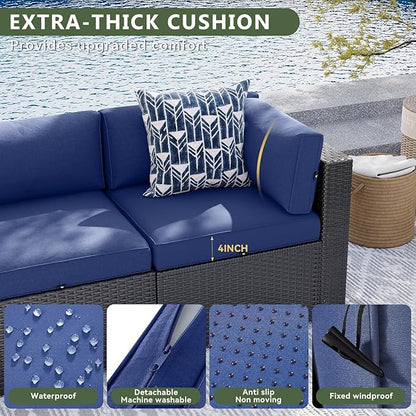 Aoxun 15 Piece Patio Furniture Set with 44” Fire Pit Table, Wicker Rattan Patio Sectional Sofa, Outdoor Furniture Set with Thickened Cushion, Blue