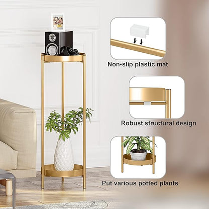 Metal Gold Tall Plant Stand Indoor or Outdoor - 30 inch 2 Tier Modern Corner Planter Shelf Rack with 2 Removable Display Shelves(10 inch) for Bedroom Living Room Balcony