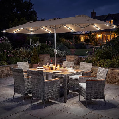Tangkula 9 Pieces Rattan Outdoor Dining Set with 13Ft Solar Patio Umbrella for 6, Outdoor Wicker Table Set with 8 Cushioned Chairs, Acacia Wood Top, Outdoor Umbrella with Base Included