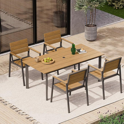 67" Rectangle HDPS Patio Dining Table, Aluminum Outdoor Patio Dining Table with Umbrella Hole, Weather-Resistant for Lawn, Garden, Yard, Poolside and Indoor Use (Gray & Teak)