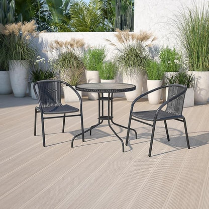Flash Furniture Lila 28'' Round Glass Metal Table with Black Rattan Edging and 2 Black Rattan Stack Chairs