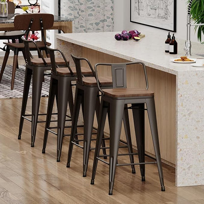 Yongchuang 26 inch Bar Stools Set of 4 Industrial Kitchen Counter Height Barstools with Wood Seat Metal Low Back Bar Chairs Gunmetal