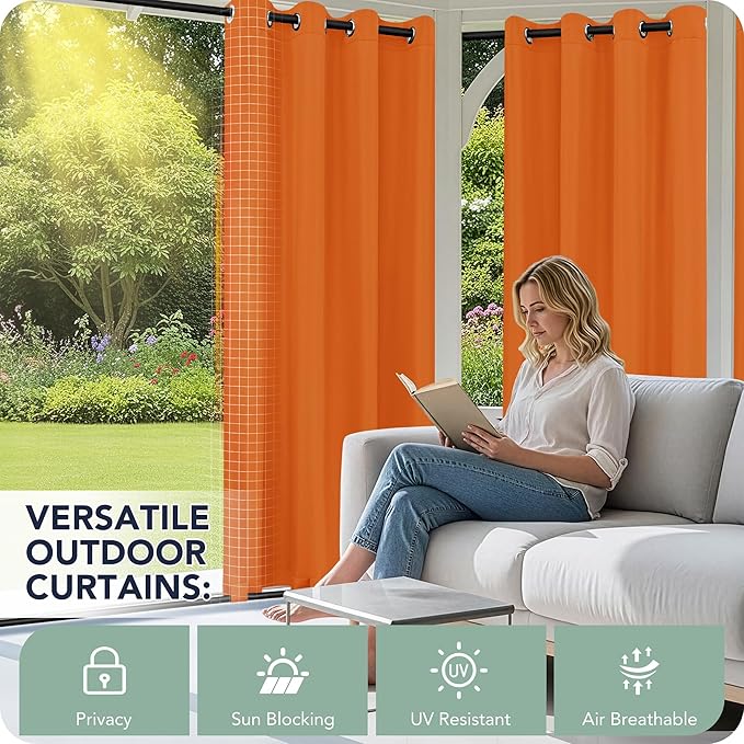 Outdoor Curtains for Patio Waterproof 6 Panels - Windproof, Privacy, Weatherproof Outside Drapes for Gazebo Pergola Porch, Grommet Top and Tab Bottom, 54x84 Inch, Mecca Orange