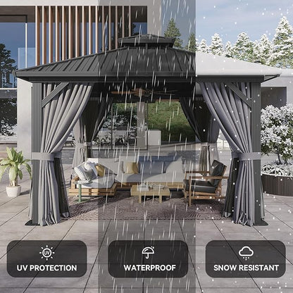 Aoxun 12'x12' Hardtop Gazebo, Aluminum Frame Canopy with Double Galvanized Steel Roof, Outdoor Metal Pavilion with Netting, Curtains for Backyard, Patio and Deck