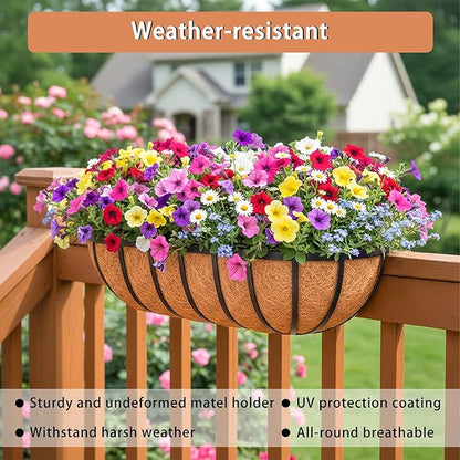 36'' Window Box Railing Planter with Coco Liner,2 Pack Horse Trough Planters Black Metal Hanging Flower Planters Basket for Porch Fence Patio Indoor Outdoor Lawn