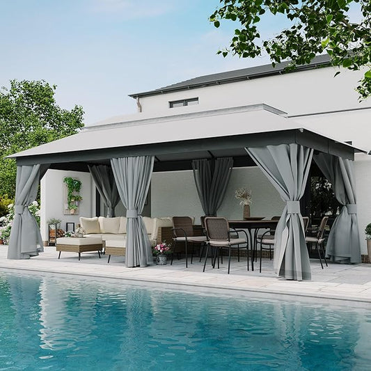 LAUSAINT HOME Semi-Permanent Outdoor Patio Gazebo 10'x20', Heavy Duty Party Tent Shelter with Double Roofs, Mosquito Nettings and Privacy Screens for Backyard, Garden, Lawn, Gray