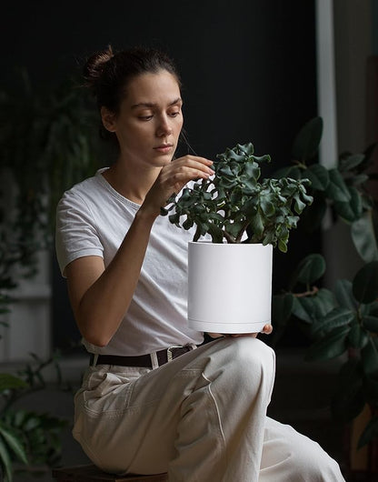 Planters 4 Pack 6.5 Inch Matte White Plastic Pots with Saucers