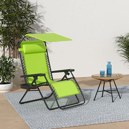 Best Choice Products Folding Zero Gravity Outdoor Recliner Patio Lounge Chair w/Adjustable Canopy Shade, Headrest, Side Accessory Tray, Textilene Mesh - Lime Green