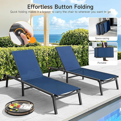 Aluminum Chaise Lounge Chair Outdoor, Foldable & Assembly Free Outdoor Lounge Chair with 5 Position Adjustable Backrest, Patio Pool Lounge Chairs for Outside Poolside Beach Lawn, 1PC, Navy Blue