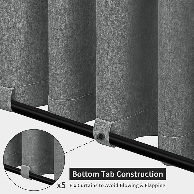 Easy-Going Linen Look Outdoor Curtains Waterproof Windproof Porch Curtains, Soft Thicken Outdoor Privacy Curtains for Patio, Gazebo, Grommet Top and Tab Bottom Drape, 1 Panel, 110x108 inch, Dark Grey