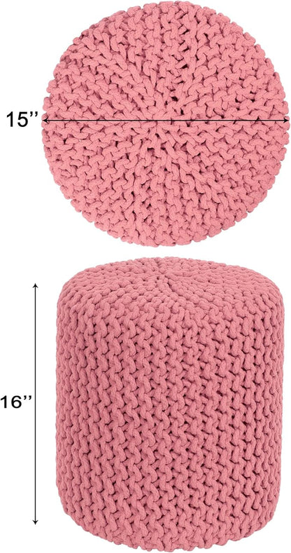 COTTON CRAFT Braided Round Pouf - Hand Knitted Cotton Cord Cable Dori Cylindrical Ottoman - Foot Stool - Floor Pouf - Footrest - Accent Seat - Living Room Bedroom Dorm Décor - 15 Round x 16 H - Pink