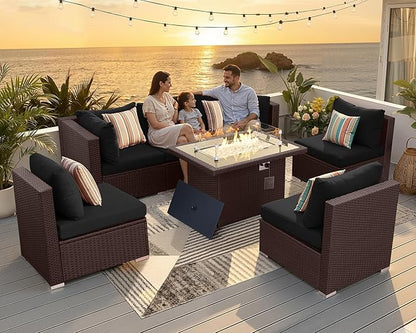 NICESOUL 7 Piece Outdoor Patio Furniture Set with Fire Pit Table Natural Gas/Propane, Tall Wide Deep Sectional Couch Sofa for Outside, 29.3'' High Back Backyard Sitting, Brown Rattan and Black Cushion
