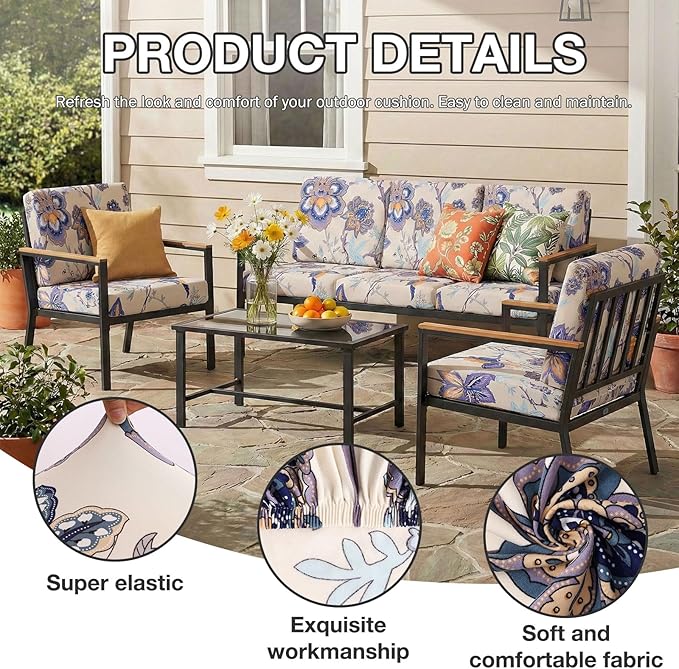 Cushion Covers 8-Piece Set, Vintage Flower, Stretch Fit Outdoor Patio